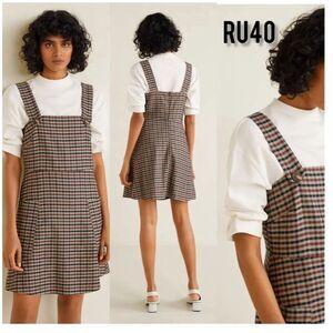 Mango Brown checkered button pinafore Mini dress size XS